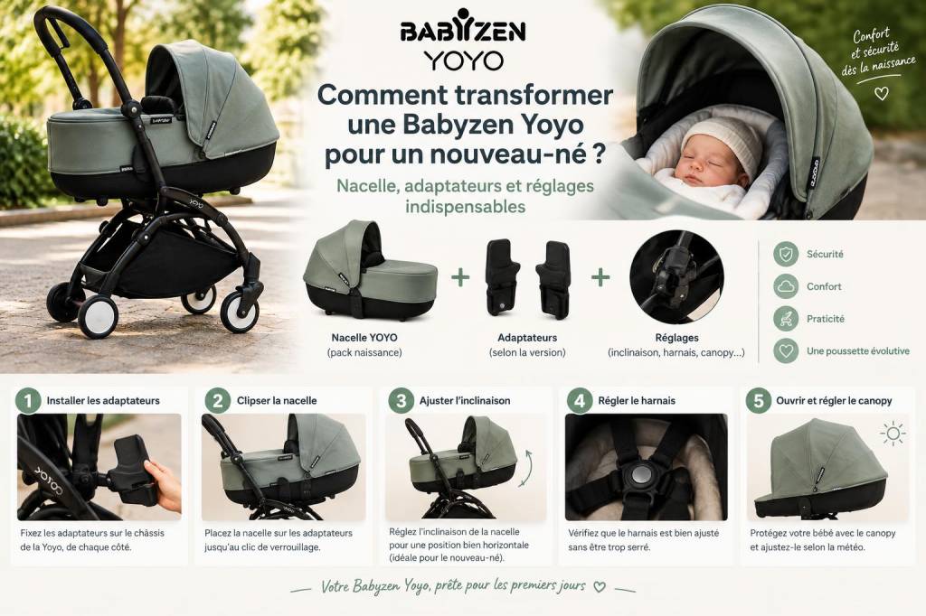 Comment transformer une Babyzen Yoyo pour un nouveau‑né : nacelle, adaptateurs et réglages indispensables